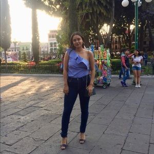 2 vertical stripe white and blue blouses